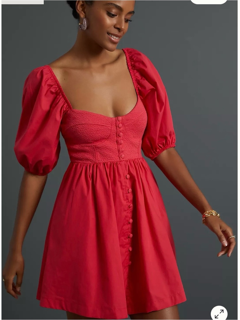 Maeve Anthropologie Sz L Red Puff-Sleeve Button-Front Mini Dress